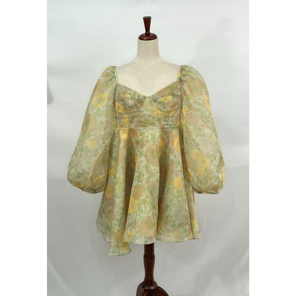 Selkie Pale Yellow & Mint Green Retro Floral Puff-Sleeve Mini Dress - Picture 2 of 12